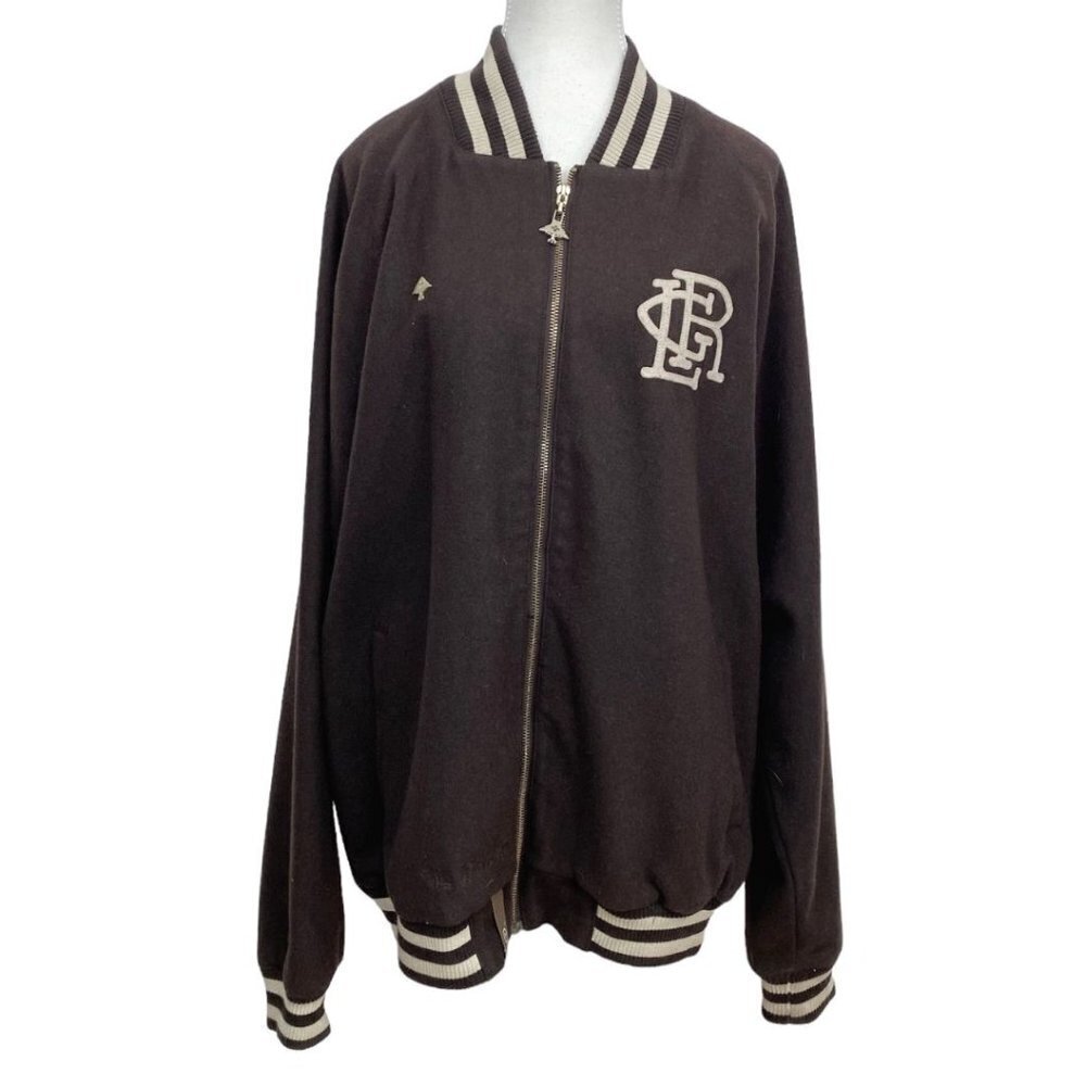 LRG MEN'S BROWN THE NATURAL WOOL BLEND EMBROIDERED VARSITY JACKET - XL